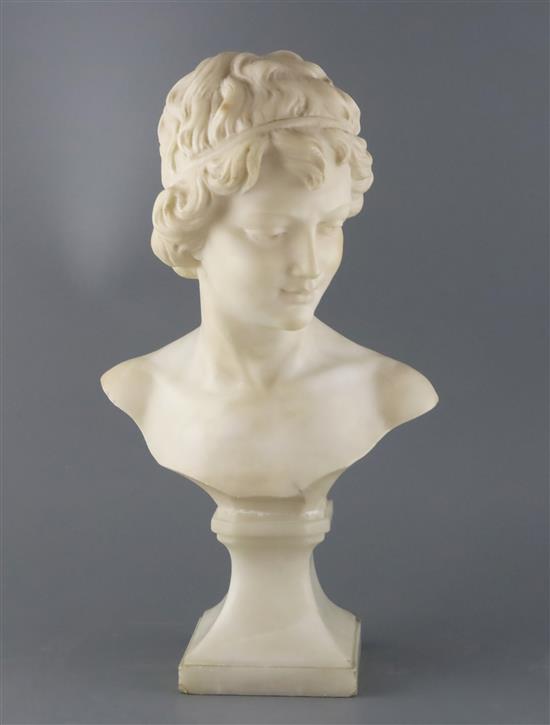 An early 20th century French carved marble bust of a young woman, height 17.5in.